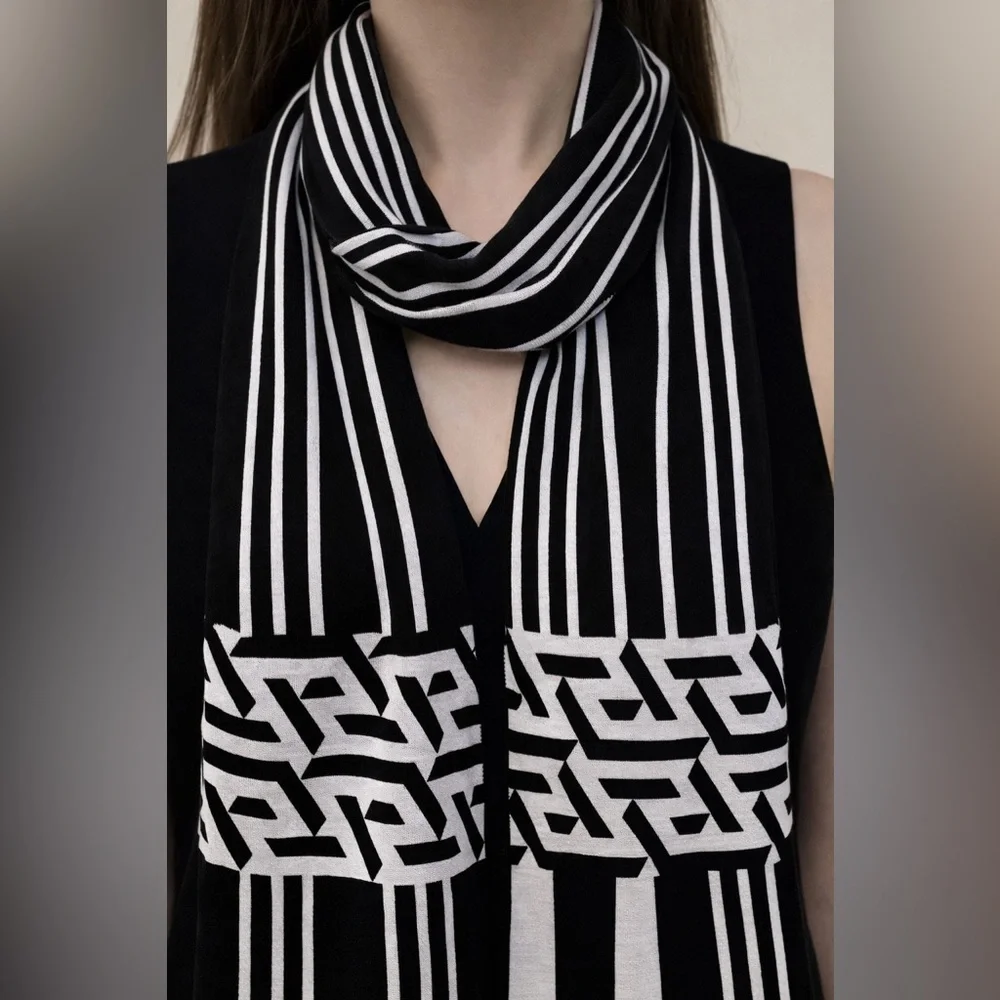 Versace La Greca Greek Key Long Scarf in Black and White Wool Unisex